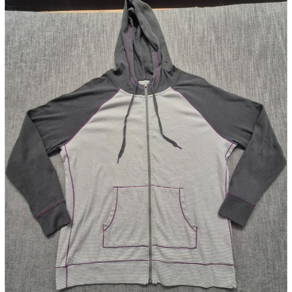 Eddie Bauer women's gray white striped full zip hoodie 2XL purple details pocket